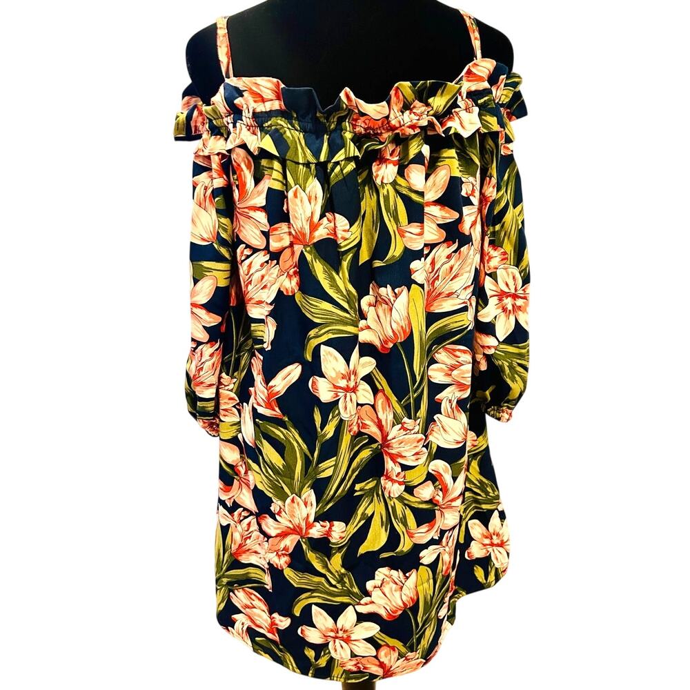 Blu Pepper Cold Shoulder Floral Dress Size M Tropical Off Shoulder Dress - Picture 7 of 17